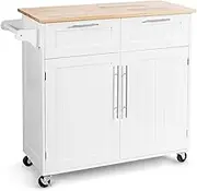 Giantex Kitchen Island Cart Rolling Storage Trolley Cart Home and Restaurant Serving Utility Cart with Drawers,Cabinet, Towel Rack and Wood Top (White)