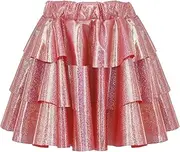 [KEOYA] Girls' Ruffle Sparkly Shiny Skirt Puffy Skirt Pleated Short Skirt Elastic Waist for Festival Performance