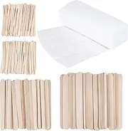 400Pcs Wax Strips Sticks Kit, FHDUSRYO 300 Small Medium Large Wooden Wax Applicator Sticks Eyebrow Wax Spatulas and 100 Non-Woven Paper Wax Strip for Face Body Hair Removal Women Men