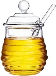 Glass Honey Jar with Dipper Stick, 245ml Beehive Honey Pot Containers Home Kitchen Honey Dispenser for Store Honey and Syrup