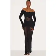 Black Bandage Mesh Bardot Layered Ruched Maxi Dress, Black