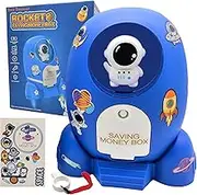 Rocket Ship Piggy Bank for Boys Money Safe Astronaut Piggy Banks for Kids Cash Coin Can ATM Bank Coin Money Bank for Kids with Key Astronaut Sticker Practical Gifts for Children (Dark Blue)