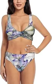 [EdWal] Dragonfly on Lotus Flower Print Bikini Set for Women Halter Strapless Ruched Color Block Trim Swimsuit 2 Piece for Women