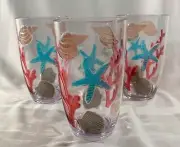 3 Tall Clear Acrylic Sealife Tumblers Starfish, Seashells Design. NEW