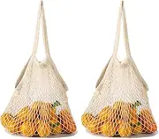 2PCS Mesh Grocery Bags Cotton String Shopping Bags Organizer Reusable Produce Net Bags with Long Handle for Vegetable and Fruit Bag (Beige, 35 * 60CM)