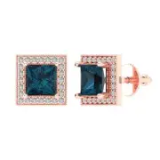 2.3ct Princess Cut Round Cut Halo London Blue Topaz Stud Earrings 14k Rose Gold