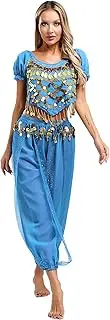 [TiaoBug] Women's Belly Dance Costume Puff Short Sleeve Crop Top Harem Pants Dance 2 Pieces Outfit Halloween