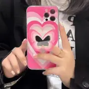 Apple iPhone 11 Retro Pink White Heart Butterfly Holder Stand Soft Clear Case