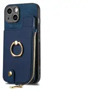 For Iphone 15 Cross Leather Ring Vertical Zipper Wallet Back Phone Case