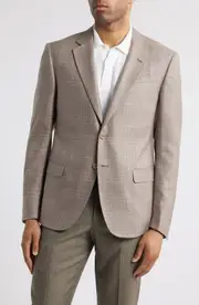 Emporio Armani Windowpane Check Wool & Silk Blend Sport Coat in Solid Dark Beige at Nordstrom, Size 42 Us