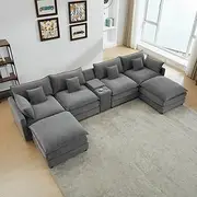 U-Shaped Symmetrical Sectional Sofa Couch Chenille Upholstery Cloud Cushion Modular Lounge Sleeper Sofa&Couch W/Chaises,Removable Storage Console,Ottomans,Cupholders and USB Ports for Living Room