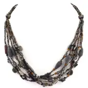Handmade 6 Strand Peacock Pewter Gray Bronze Glass Seed Beads Necklace, 22"