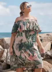 NWT Taking Shape Virtuelle Off The Shoulder La Palma Tropcial Print Dress Sz 18