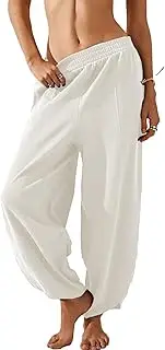 [Springrain] Womens Baggy Wide Leg Pants Cotton Elastic Waisted Loose Palazzo Harem Pants with Pockets