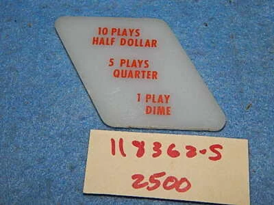 Wurlitzer 2500 2504 2510 Coin Denomination Plate # 118362 - 10 Plays Half Dollar