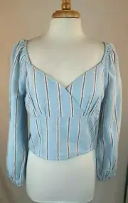 American Eagle Women's L Blue Striped Linen Blend Boho Peasant Top Crop Smocked