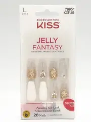 Kiss Long-Length Translucent Nails, Matte White, Stones & Gold Glitter 79951