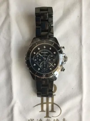 Chanel  J12黑色陶瓷三眼計時鑲鑽機械錶（正品）
