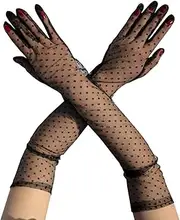 [Ｗoowayo] Women's Elbow Length Bridal Wedding Lace Mesh Polka Dot Long Full Finger Costume Party Prom Gloves (One Size, White Black Dot)