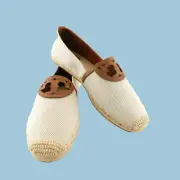 New TORY BURCH Size 8.5 SIDNEY Natural Canvas Logo Espadrilles Flats Shoes