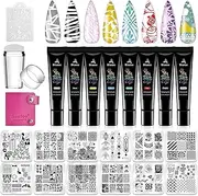 Nail Stamper Kit Nail Art Stamping Plate Kit with 8 Stamping Polish Gel 12 Stamp Stencil Plate 1 Clear Silicone Stamper Scraper Design Template Tool Supplies Set for Holiday (Storage Bag)