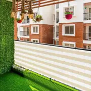 35" Tall Windproof Balcony Fence Screen For Apartments Deck Anti-UV Beige Stripe