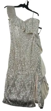 Aidan Aidan Mattox Sheath Dress Womens Size 4 Beige Sequin Slit Ruffle New