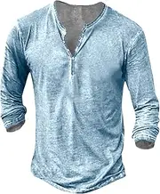 [Beotyshow] Mens Distressed Henley Shirts Short/Long Sleeve Button T-Shirt Slim Fit Cotton Casual Shirt