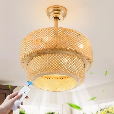 19.3" Bamboo Caged Ceiling Fan with Lights and Remote4-Light Boho Rattan Ceil...