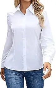 [UoQo] Women's Blouses Shirts Button Down Shirt Long Sleeve Dress Shirts White Ladies Basic Blouse Tops for Work Office Business