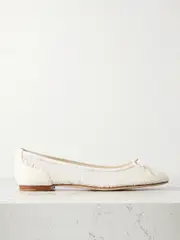 [Manolo Blahnik] Manolo Blahnik - Verizzo Bow-detailed Suede-trimmed Cotton-blend Lace Ballet Flats - Ivory - IT40 IT 40 Ivory