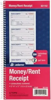 Money And Rent Receipt Book, 2-Part Carbonless, 5-1/4" X 11", Spiral Bound