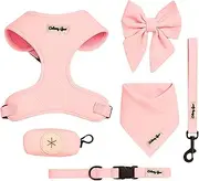 Daizzy Gear Pink Dog Harness Set – Medium No Pull Harness with Matching Leash, Collar, Bandana, Bow & Poop Bag Holder – Embroidered Hearts Jacquard – Adjustable, Aesthetic & Stylish