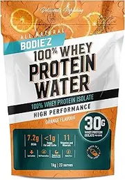 BODIE’Z Whey Protein Water Powder - 30g Protein Per Serve, Less than 1g Sugar Fat and Carbs, 11 Vitamins and Minerals, Supplement for Lean Muscle Growth and Recovery, Mix with Water, 1Kg Orange