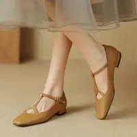 在飛比找momo購物網優惠-【WYPEX】復古真皮柔軟瑪莉珍鞋女鞋 平底優雅女涼鞋(2色