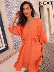Bright Orange Volume Sleeve Tie Mini Dress (F04425) | $56