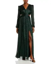 AQUA Formal Long Crinkle Cut Out Maxi Dress, Emerald, 0