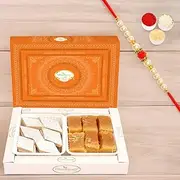 Ghasitaram Gifts Rakhi Gifts for Brothers Rakhi Sweets - Box of Kaju Katli and Soft Mysore Pak with Beads Rakhi