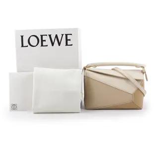 【LOEWE 羅威】Puzzle 經典小牛皮拼色迷你二用包_展示品(白色/灰米色)/平行輸入