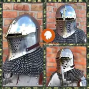 Medieval Knight Helmet Mild Steel 16 Gauge Bascinet With Riveted Chainmail