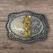 Cowboy Belt Buckle For Man- Saint Jude 4.25"x3.25" Silver Tone/Gold/Black