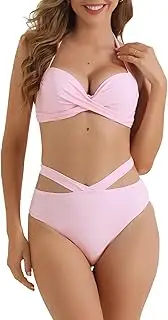 [Elerevyo] Women's Push Up Halter Bikini Sets, 2 Piece Wide Tie Criss Cross Bandage Triangle Bottoms Swimwear Bathing Suits