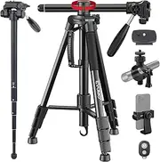 [EVUMO] HF3 Camera Tripod, 167cm Horizontal Overhead Tripod & Monopod 2in1 with Remote & Phone Tripod Mount, Compact Portable Travel Phone Tripod Stand for DSLR Camera Camcorder iPhone, Max Load 5kg