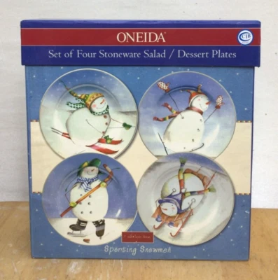 New in Box 4 ONEIDA SPORTING SNOWMEN SALAD PLATES Snowman Dessert hockey skiing