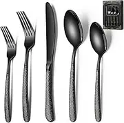 40-Piece Black Hammered Silverware Set, Deedro Stainless Steel Heavy Dury Flatware Set for 8, Food-Grade Tableware Cutlery Set, Utensil Sets for Home Restaurant, Mirror Finish, Dishwasher Safe