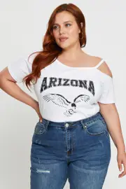 White Graphic T-shirt Arizona Short Sleeve Cold Shoulder