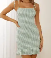 Atmos & Here Size 16 Mini Dress Shirred Sage Green Gingham Cotton Atmos&Here