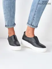 Black/White Slip On Signature Forever Comfort® Leather Chunky Wedge Platform Trainers (238556) | $94