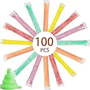 100PCS Reusable Ice Pop Pouches With Zip Seals and Funnel - Plastic Mold for Ice Candy, Lolly, Snacks, Juice, Fruit, Milk