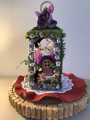 Fairy Whimsical Lantern Hand Crafted Stone Front, Moss, Figurines,Flowers.